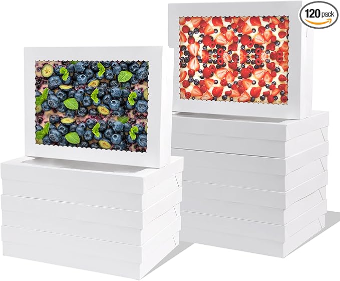 PFAMKEER 12pcs 19x14x4 inch Cake Boxes with Window，White Rectangle Sheet Large Bakery Boxes for Pastry Dessert Cake, Cupcakes Donuts Cookies Pie Treat Packaging