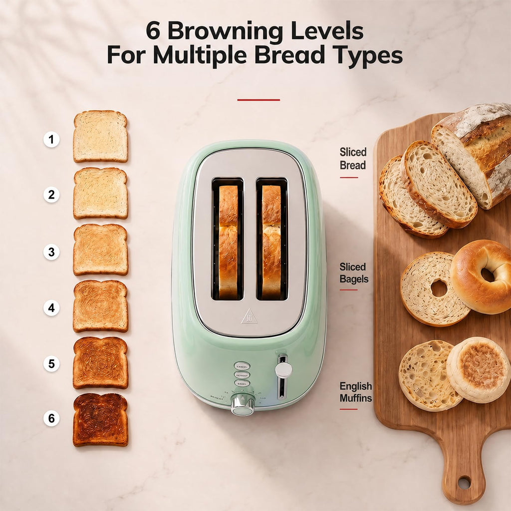 2 Slice Stainless Steel Toaster Retro with 6 Bread Shade Settings, Bagel, Cancel, Defrost Function, Extra Wide Slot, Removable Crumb Tray Green