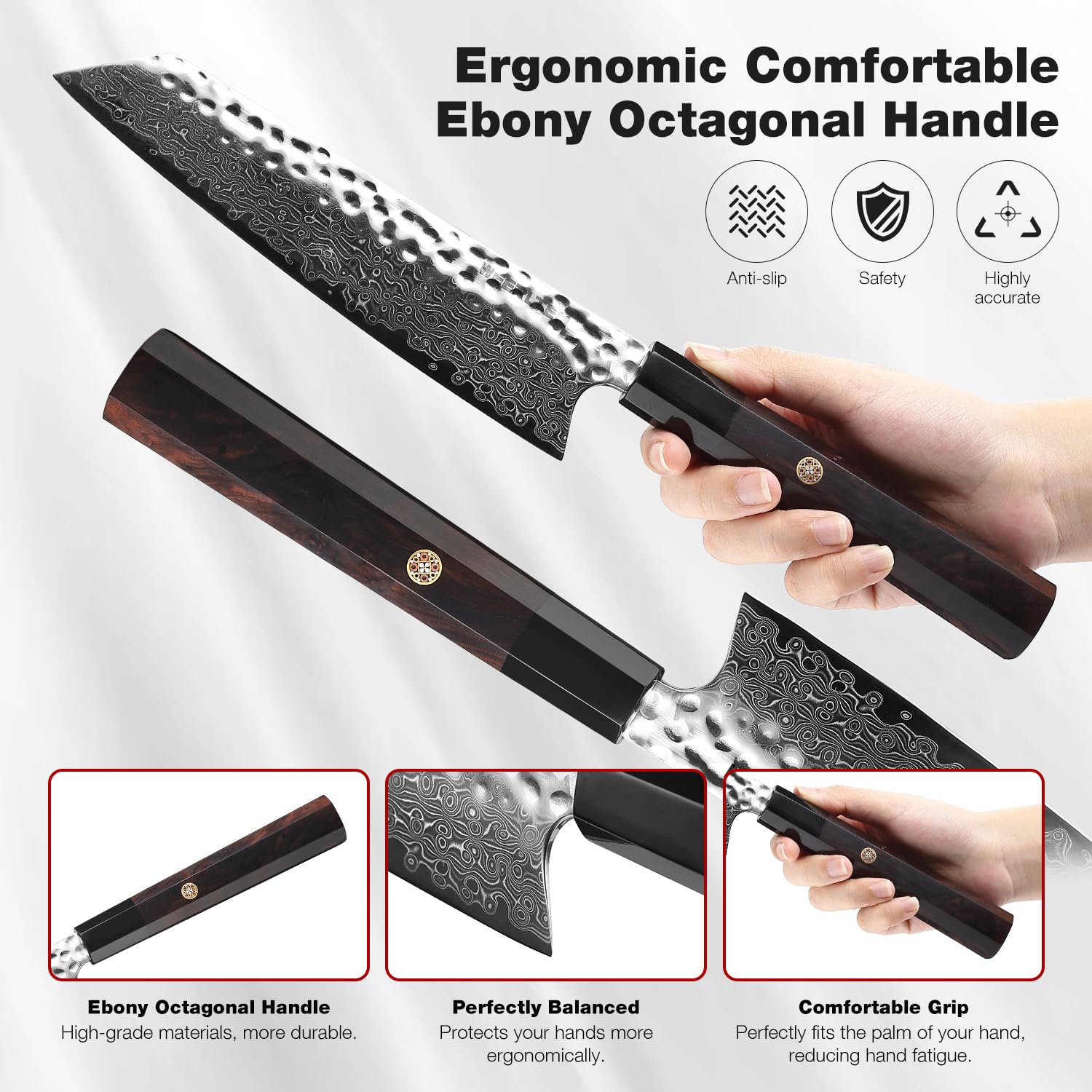 WEERLTEM Kiritsuke Chef Knife 8 Inch, Hand-forged 67-Layer VG10 High Carbon Steel Japanese Damascus Chef Knife, Ultra Sharp Hammered Damascus Chef Knife with Octagonal Ebony Handle & Gift Box