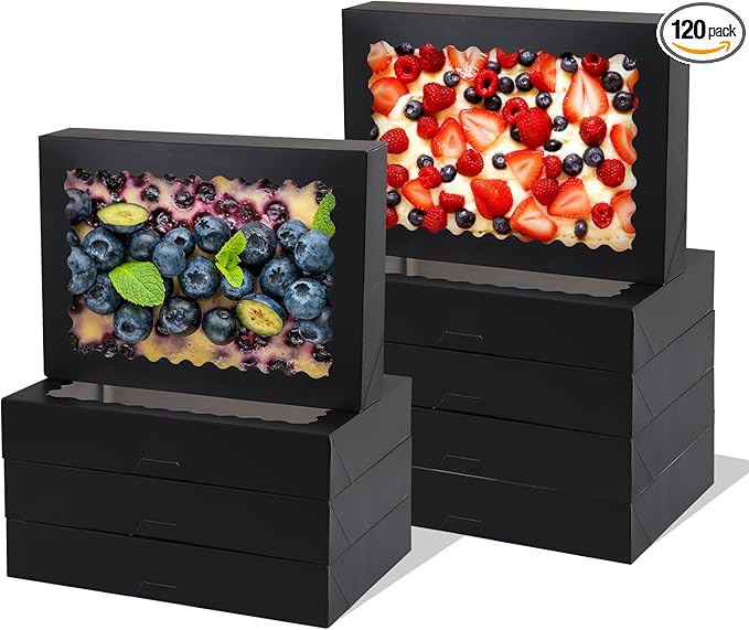 PFAMKEER Cookie Boxes,14x10x2.5 Inch Large Bakery Boxes with Window for Pies Chocolate Strawberries Muffins Donuts Pastry Dessert Christmas(Black, 14 * 10 * 2.5inch/24pcs)