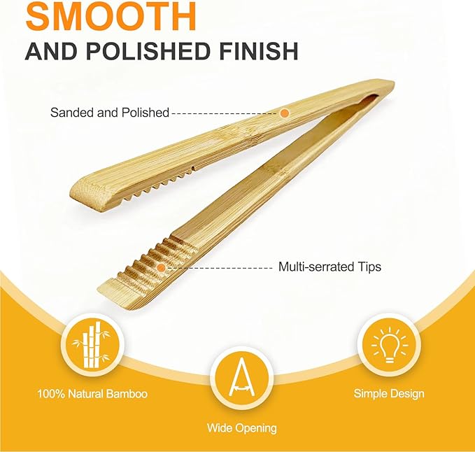 LKNNEASTO 2 Pack Premium Bamboo Toaster Tongs, 10 Inches Natural Wooden Tongs with Serrated Tips for a Secure Grip on Toast, Bagels, Pastries, and Salads, Reusable for Cooking & Serving