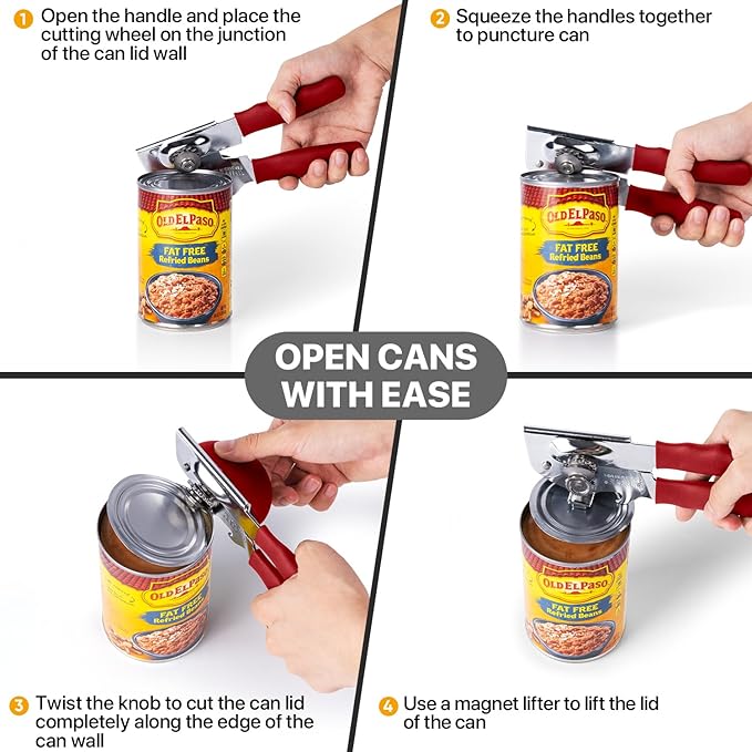 UHIYEE Heavy Duty Hand Can Opener with Comfortable Grip for Seniors, Red