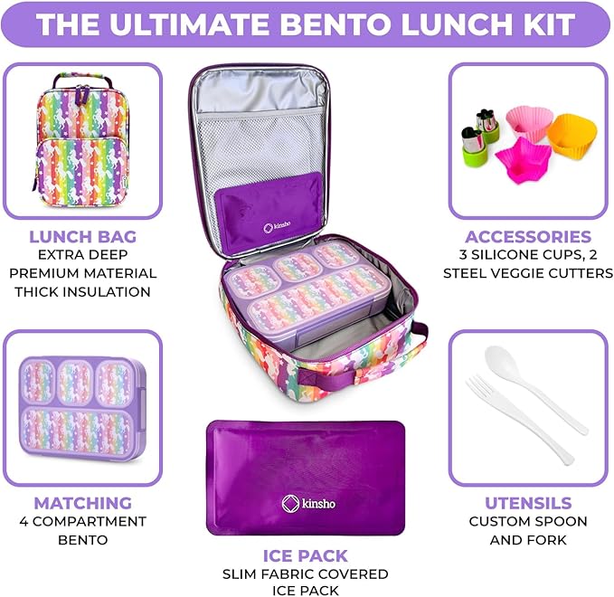 kinsho Bento Lunch Box with Insulated Bag, Ice Pack and Accessories for Girls. Snack Containers with 4 Compartment Dividers for Toddlers Pre-School Daycare BPA Free Set, Utensils, Rainbow Unicorn