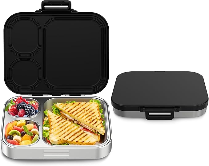 Howeemo Stainless Steel Bento Box Kids, Leak Proof Metal Bento Lunch Box,3 Compartments 304 Stainless Steel Bento Lunch Containers for School and Office, BPA-Free(Black)