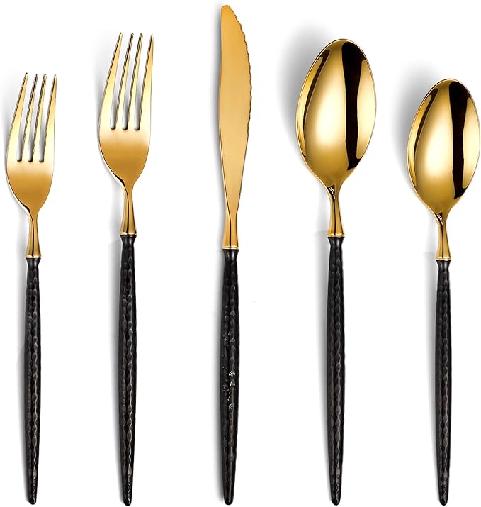 Lemeya 20-Piece Hammered Gold Silverware Set,18/10 Stainless Steel Forging Heavy Duty Cutlery Set for 4, Luxury Unique Flatware Set,Spoons and Forks Set,Mirror Polished,Dishwasher Safe