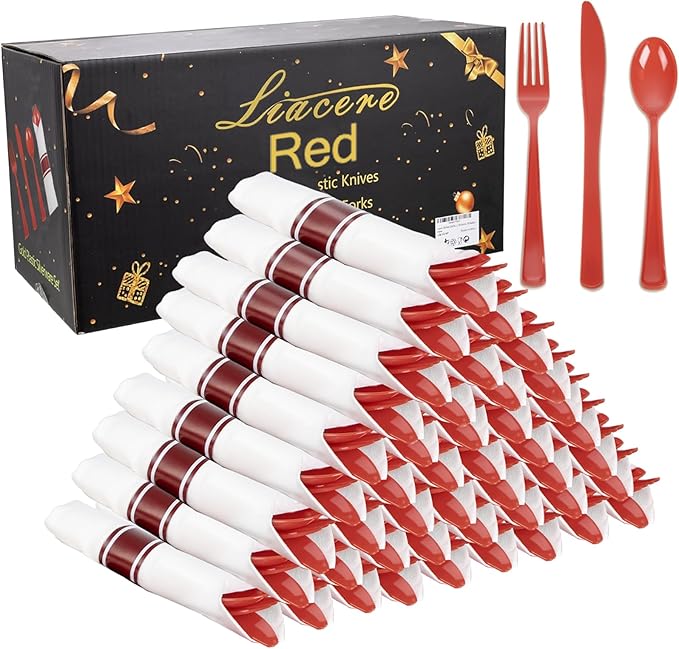 Liacere 400PCS Pre Rolled Red Silverware and Napkin - Disposable Red Plastic Utensils-Wrapped Plastic Cutlery Set with Napkin:100Forks,100Knives,100Spoons,100Napkins for Party & Independence Day