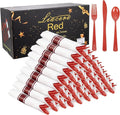 Liacere 400PCS Pre Rolled Red Silverware and Napkin - Disposable Red Plastic Utensils-Wrapped Plastic Cutlery Set with Napkin:100Forks,100Knives,100Spoons,100Napkins for Party & Independence Day