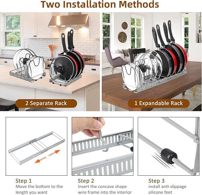 ROOHUA Pot and Pan Lid Organizer Rack for Under Cabinet, Grey