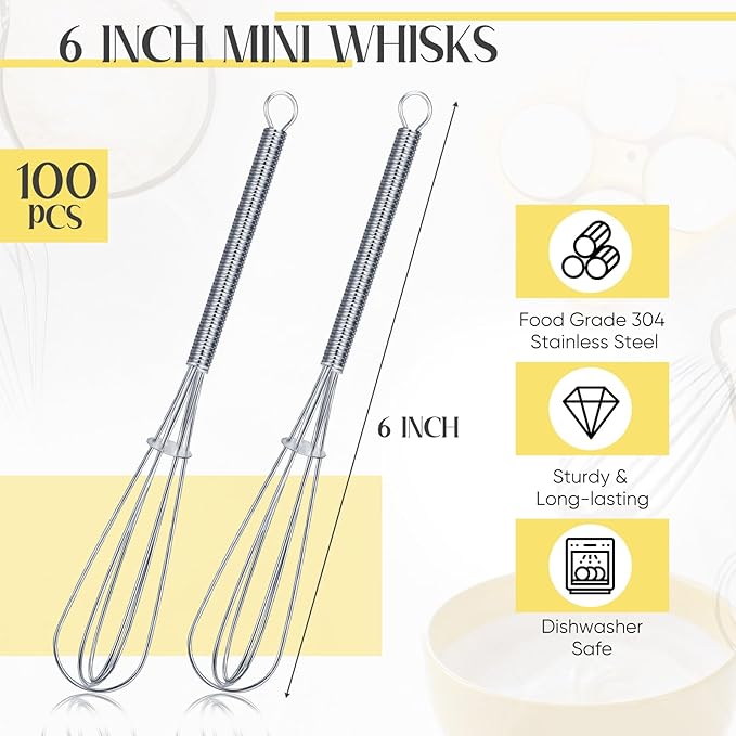 Baderke 100 Pcs Mini Whisk Bulk Small Whisks for Cooking 304 Stainless Steel Tiny Whisk for Baking, Whipping, Beating Eggs, Mixing Sauces, Blending Ingredients (6 Inch)