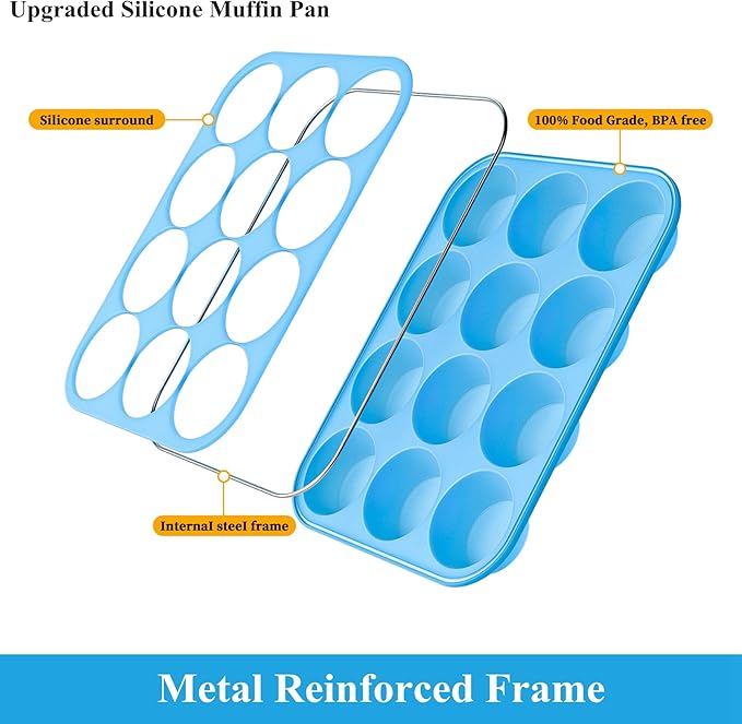 Bangp Silicone Muffin Pan for Baking with Steel-reinforced Rim,2 Pack,Blue