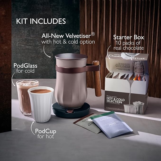 Hotel Chocolat Hot Chocolate Maker – Velvetiser Hot & Cold Drinking Chocolate Machine, Includes Mug, Glass & Sachets, Pebble Edition, Luxury Gift