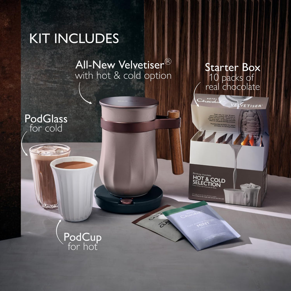 Hotel Chocolat Hot Chocolate Maker – Velvetiser Hot & Cold Drinking Chocolate Machine, Includes Mug, Glass & Sachets, Pebble Edition, Luxury Gift