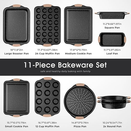 11-Piece Baking Pans Set, Nonstick Bakeware Sets, Oven Pans, Khaki&Black