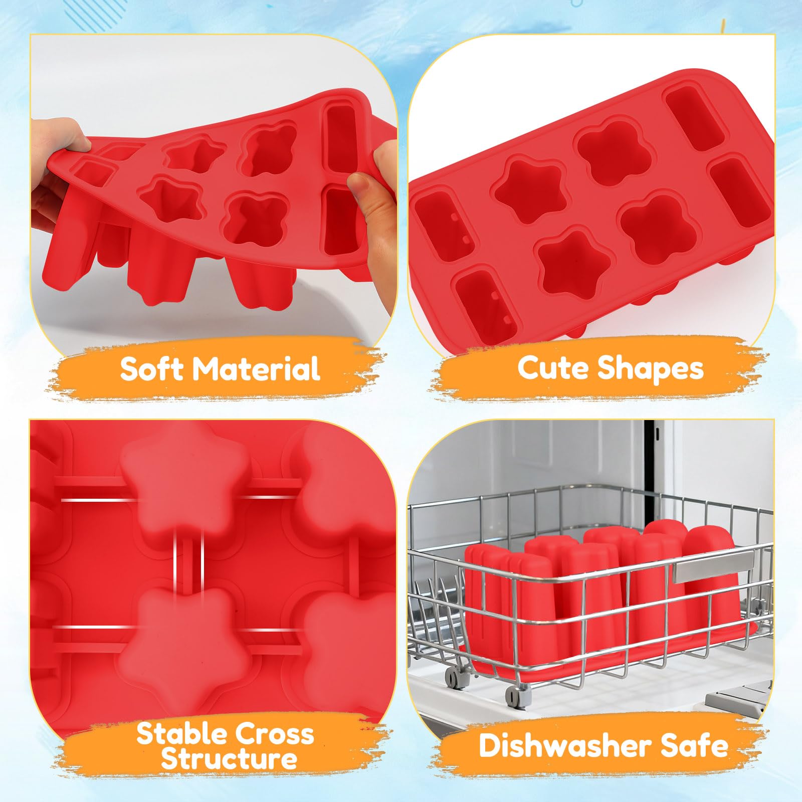 Firstfooby Popsicles Molds, 8-Cavity Silicone Popsicle Molds with 50 Sticks, BPA-Free Ice Pop Mold Popsicle Maker with Funnel & Cleaning Brush for Kids Adult Teens