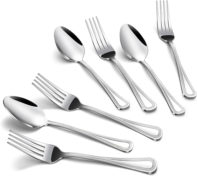 Gymdin 24 PCS Spoons and Forks Set, Food Grade Stainless Steel with Pearl Dot Design Handle Silverware Set, Mirror Polished Dishwasher Safe, Silverware Forks and Spoons for Home or Restaurant