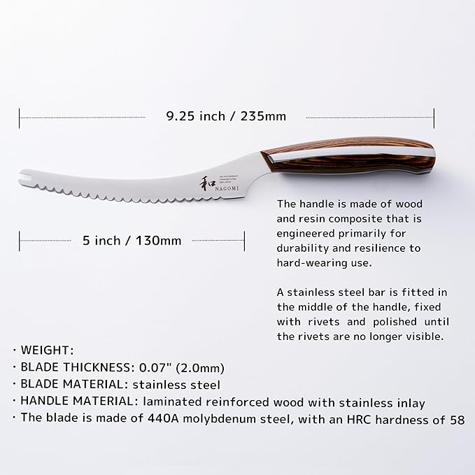 [NAGOMI] 5 inch Serrated Cheese Knife - Made in Seki, Japan - Blade in 440A and Comfortable Pakkawood Handle - Japanese Sharp Knife