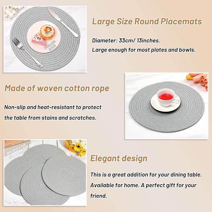 Billbotk Round Woven Placemats Set of 4, 13 Inches Table Place Mats for Dining Table, Hot Pads for Kitchen, Trivets for Hot Dishes, Pots and Pans,Tabletop Accessories(LightGray)