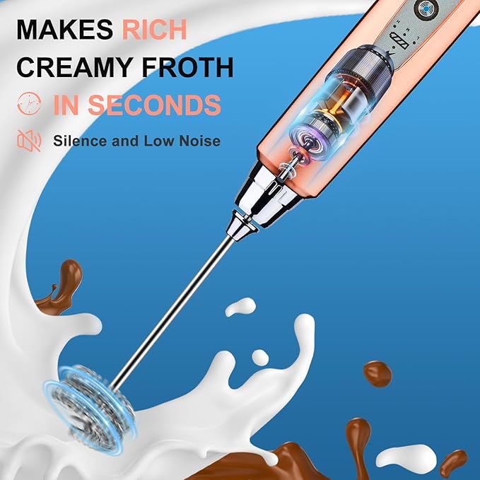 YUSWKO Handheld Milk Frother Wand for Coffee, Rechargeable Electric Whisk with 3 Heads 3 Speeds Drink Mixer Coffee Frother For Latte, Cappuccino, Hot Chocolate, Egg, Rose Gold with Holder