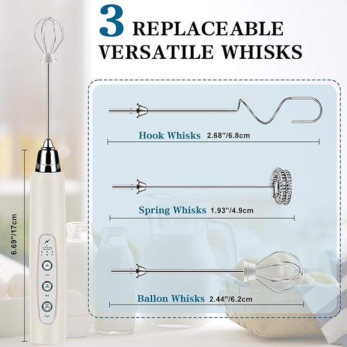 Milk Frother Wand Rechargeable Handheld Whisk Coffee 3 Speed Adjustable