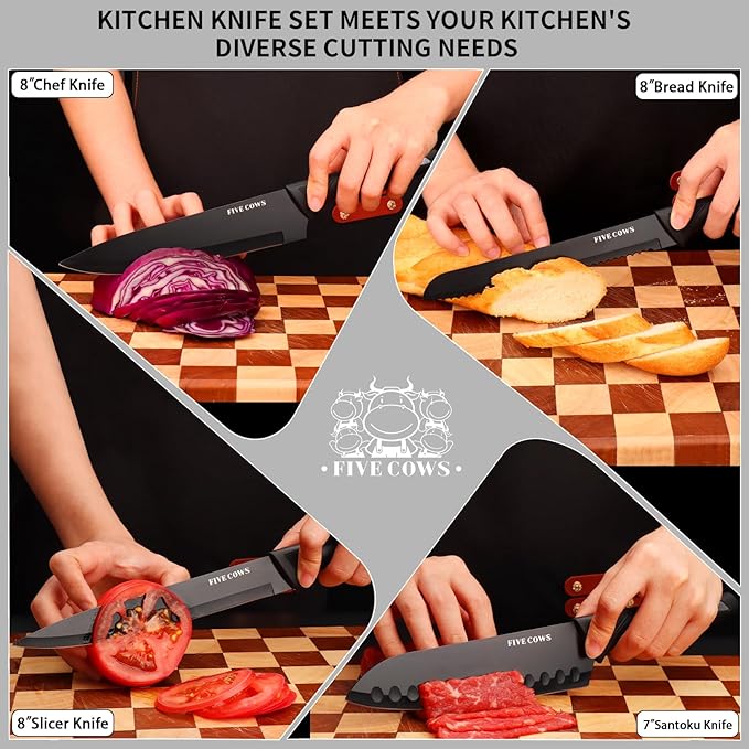 FIVE COWS Premium 12-Piece Kitchen Knives Set with Universal Knife Block