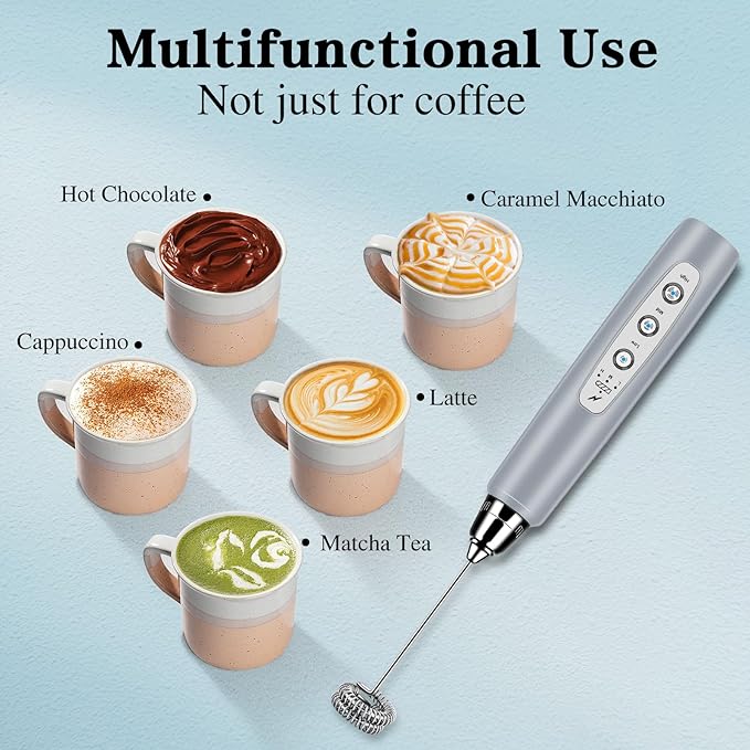 Milk Frother Wand Rechargeable Handheld Whisk Coffee 3 Speed Adjustable
