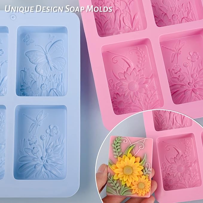 Moukiween Soap Mold Silicone, 3D Rectangular Insect Flower Silicone Mold