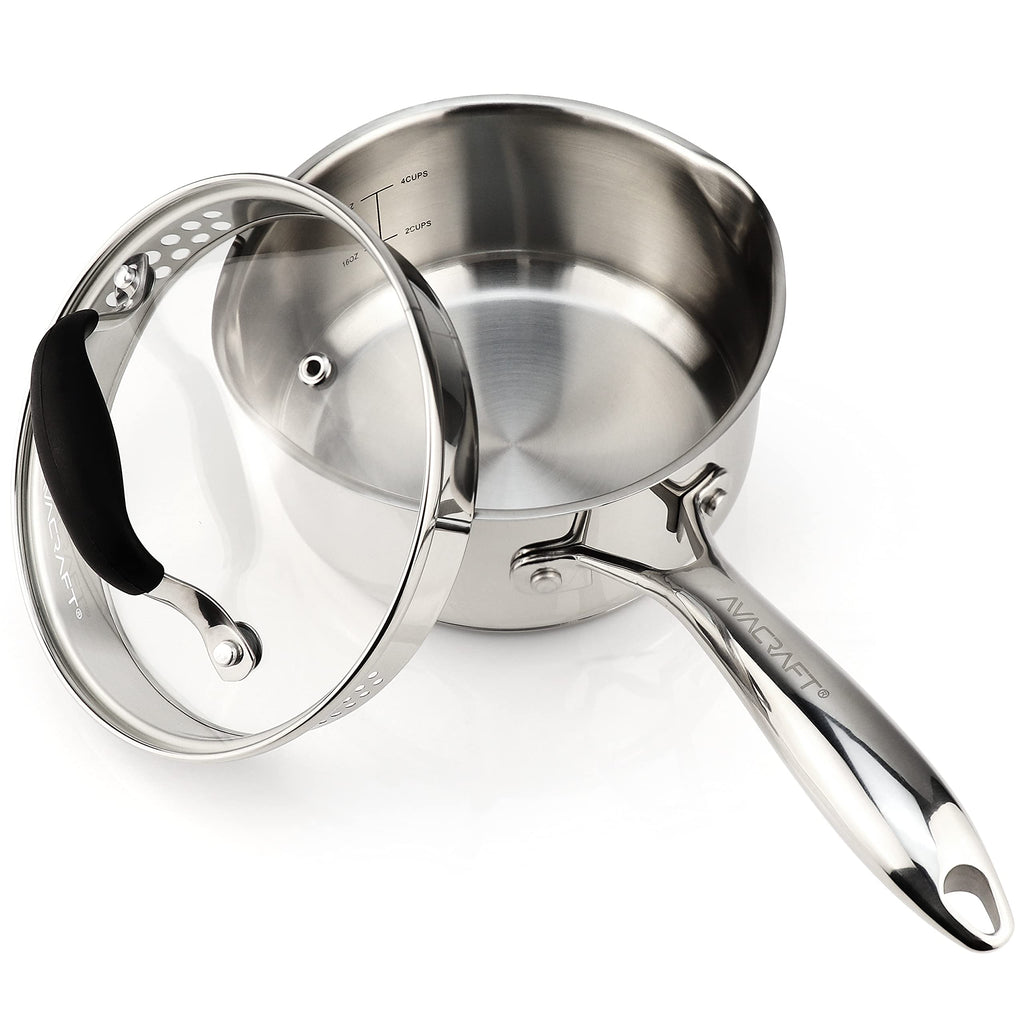 AVACRAFT 1.5 Quart Stainless Steel Saucepan with Glass Strainer Lid
