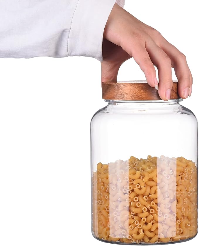 YUEJUM 64 Fluid Ounces Unbreakable & Dishwasher Safe Plastic Apothecary Jar with Wooden Airtight Screw Top Lid, 0.5 Gallon Food Storage Canister for Sugar, Coffee, Cookie, Cereal, Flour Containers