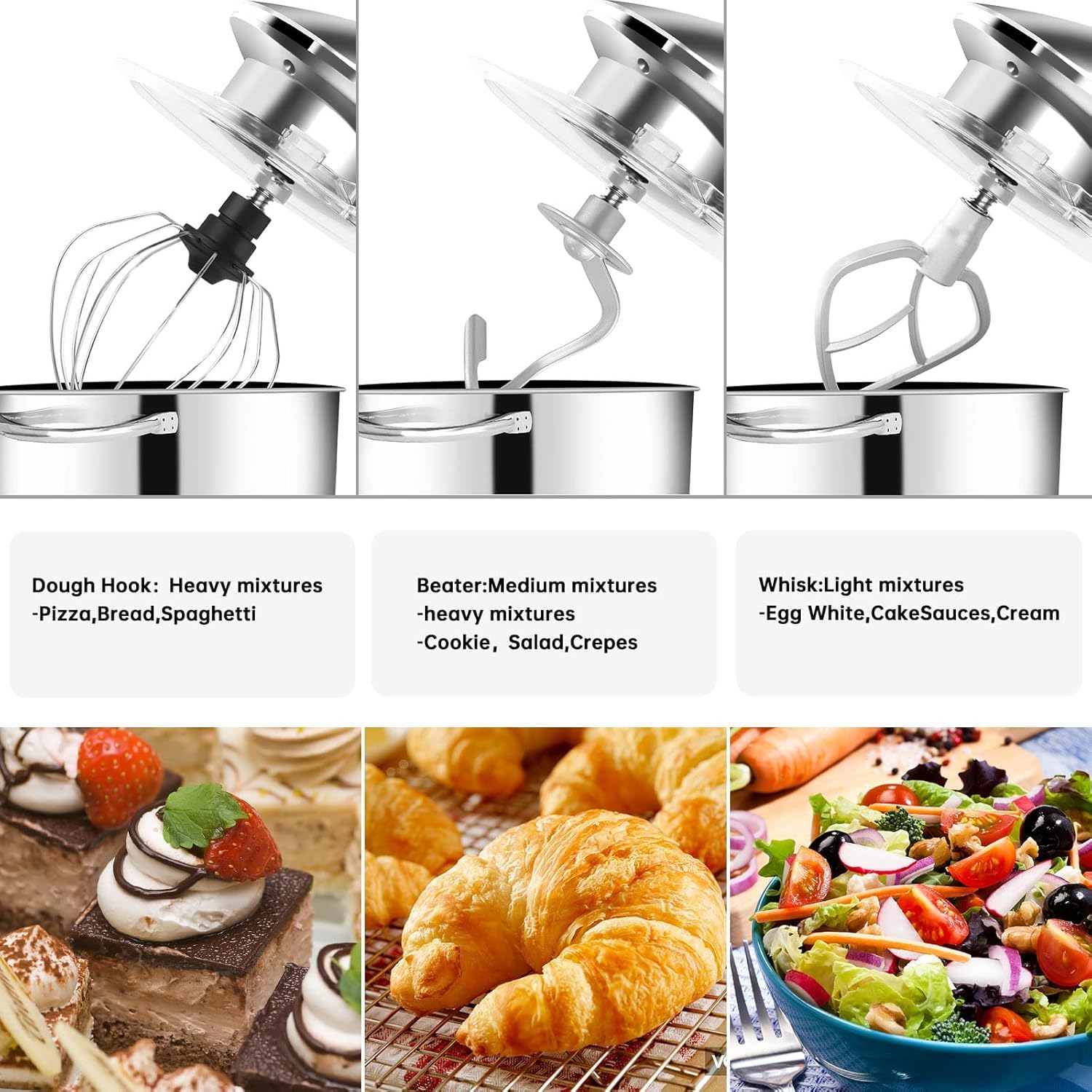 Seedeem 6.5QT Stand Mixer, 660W Tilt-Head Kitchen Electric Mixer with 6 Speeds, Dough Hook, Beater & Whisk, Dishwasher Safe Attachments, Silver