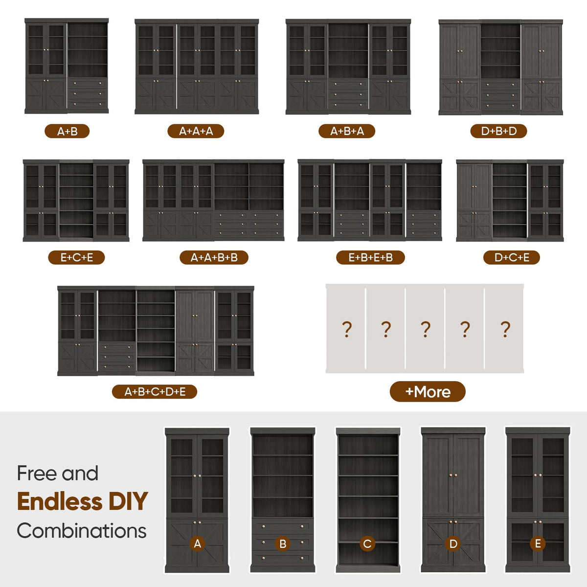 ivaniti 70.8" Tall Bookshelf with Doors, Farmhouse Modular Bookcase with 4-Tier Adjustable Shelves, Large Storage Cabinet for Home Office, Living Room, Brown, Set of 2