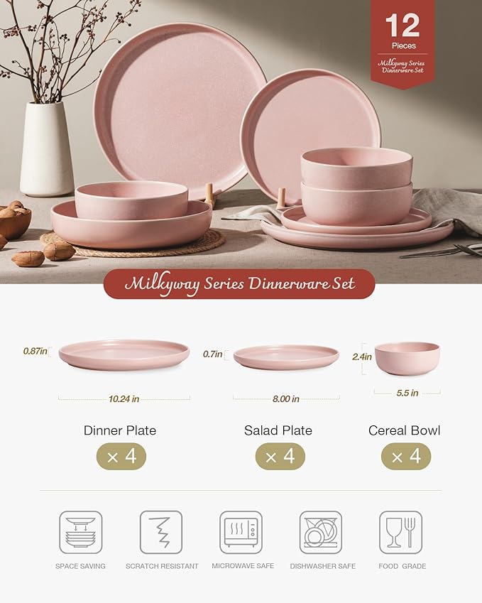 Famiware Milkyway 12-Piece Stoneware Dinnerware Set, Light Pink