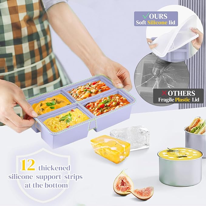 BIONMAPLE 2 PACK 1 Cup Silicone Freezer Trays With Lid For Freeze & Store Soup, Broth, Leftovers, Microwave-safe Soup Freezer Container - Purple