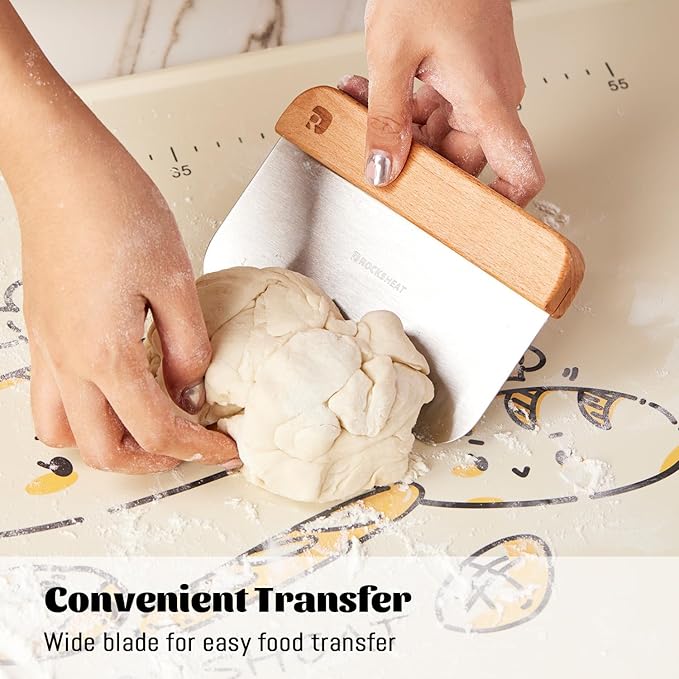 ROCKSHEAT Bench Scraper & Chopper, Stainless Steel Dough Cutter with Wooden Handle, Thick Sharp Blades Pizza Bread Cutter, Multipurpose Kitchen Tool for Baking Cooking