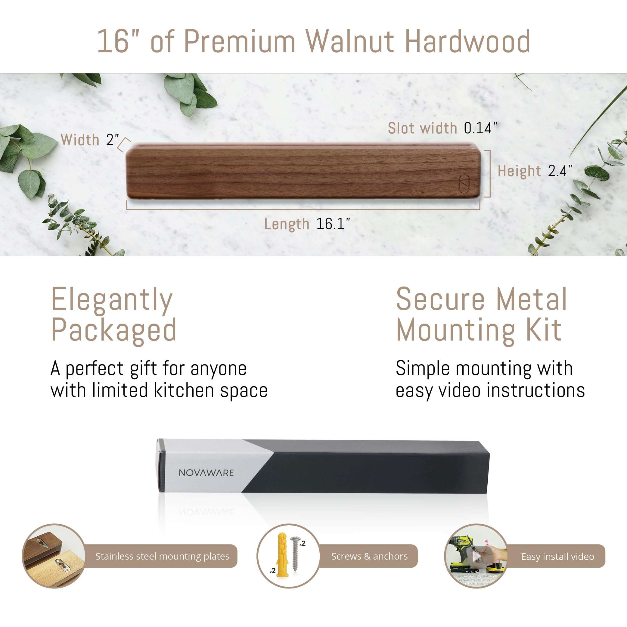 Walnut 16 inch Magnetic Knife Holder for Wall with 2x Storage & Charming Wood - Knife Magnetic Strip, Under Cabinet Magnet Knives Storage - Magnet Strip Rack Kitchen Utensil Holder Organizer Tool