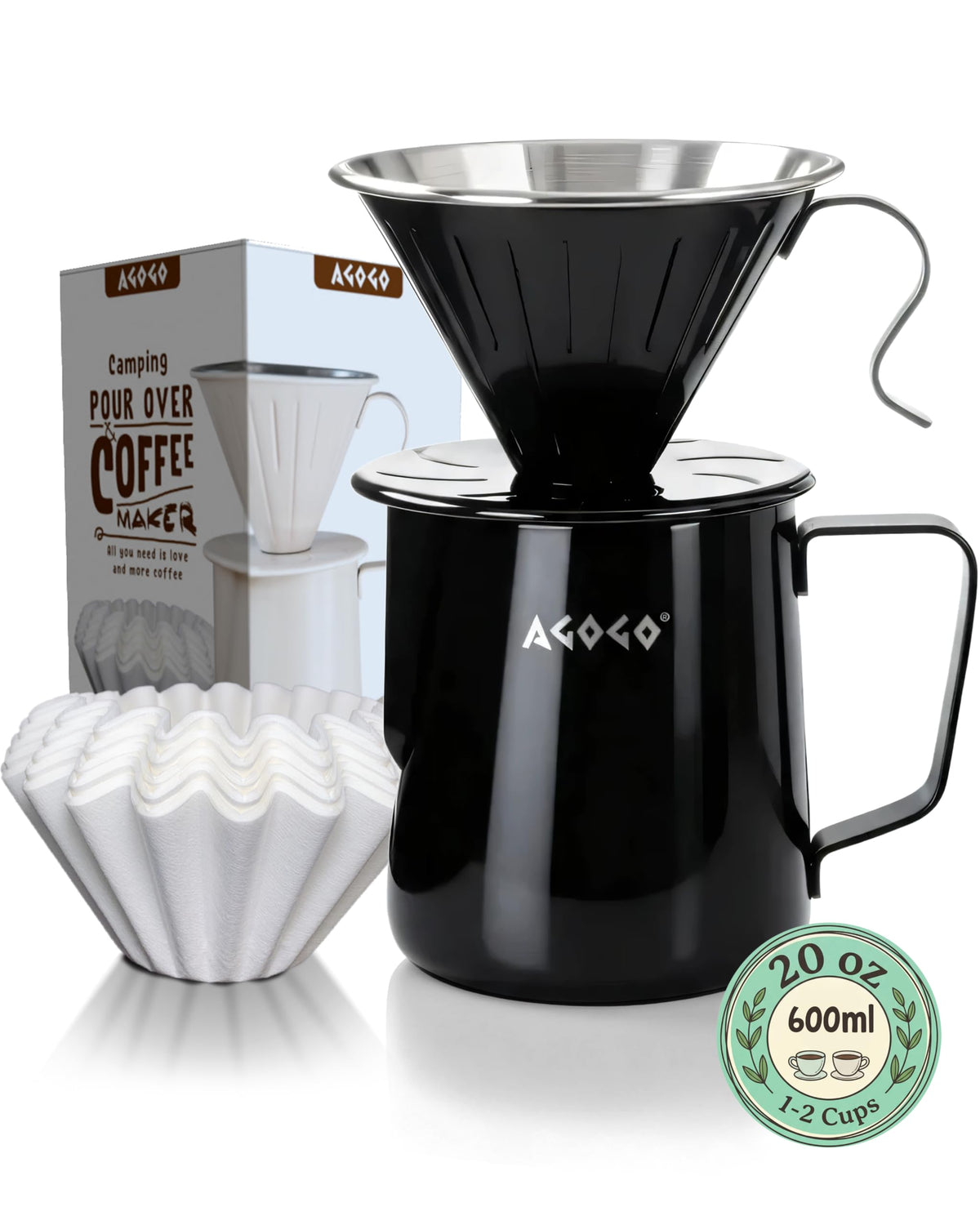 AGOGO Stainless Pour Over Coffee Maker Set, 50 Paper Filters, 20oz, Black