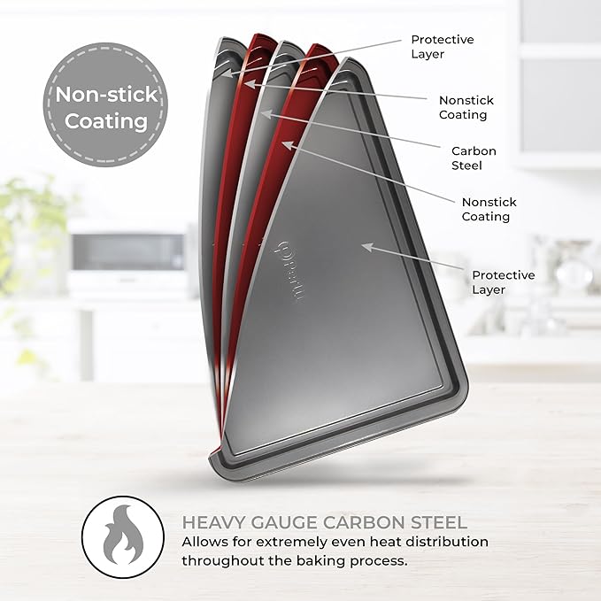 PERLLI Non-Stick 3-Piece Baking Pan Set – Carbon Steel with Even Heat Distribution, Oven Safe to 446°F, BPA-Free, Dishwasher Safe, Stackable Baking Tools for Easy Storage and Everyday Cooking - Gray