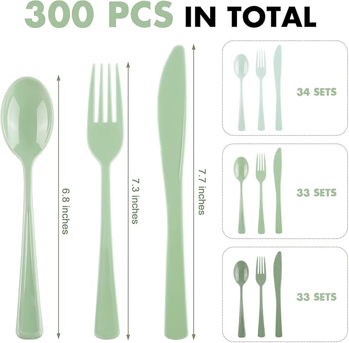 Kochorie 300 Pieces Sage Green Plastic Silverware with Spoons Forks Knives