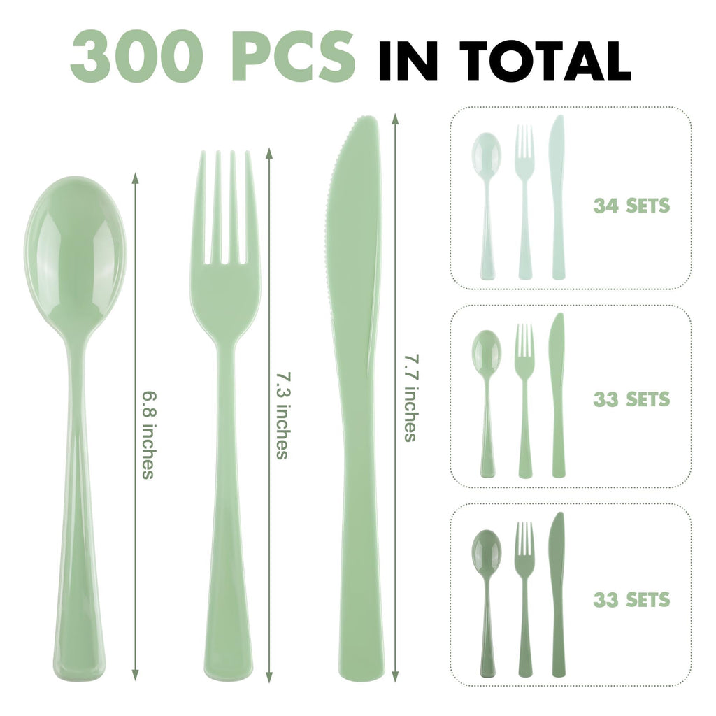 Kochorie 300 Pieces Sage Green Plastic Silverware with Spoons Forks Knives
