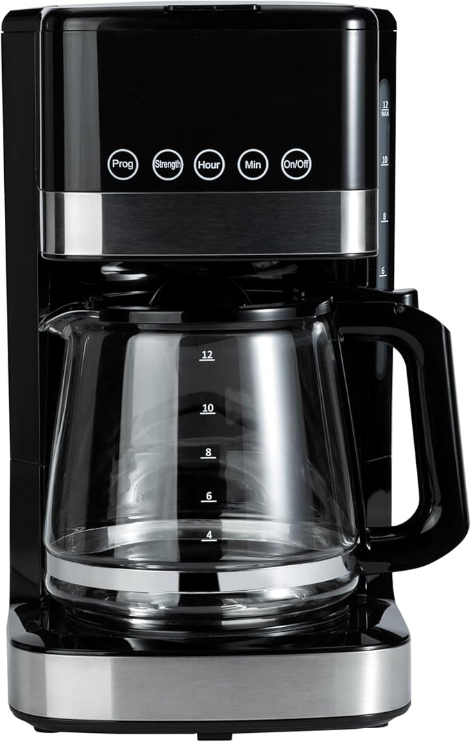 Amazon Basics Programmable 12 Cup Drip Coffee Maker with Glass Coffee Pot (1.9 Qt), Auto Shut-off, Touch Screen, Auto Pause, Removable Filter Basket, Black & Silver