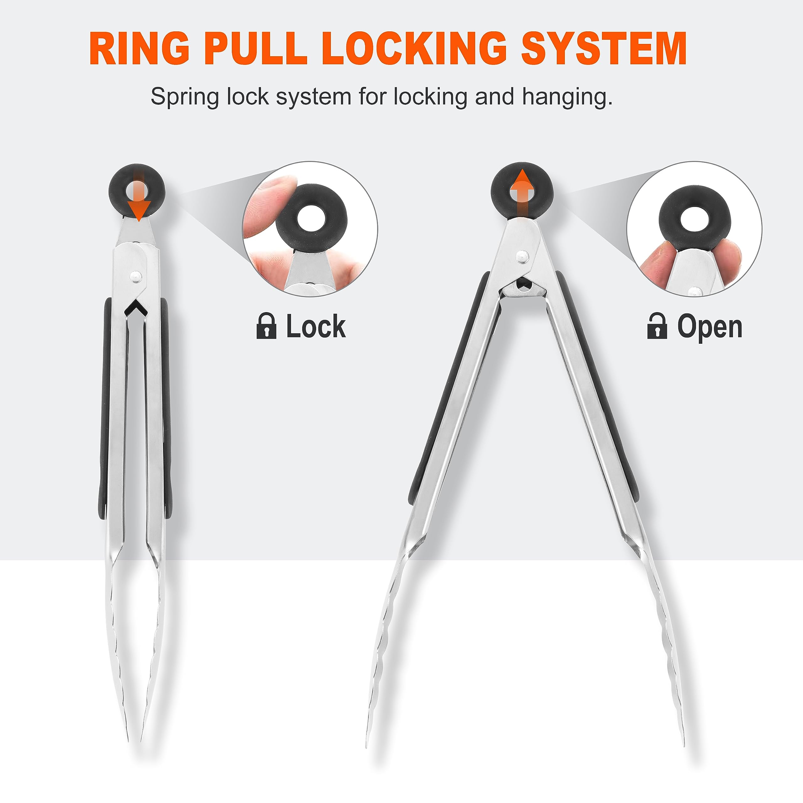 Anaeat Stainless Steel Locking Tong Set of 3 - Premium 7, 9 and 12 inch Kitchen Food Tongs with Non-Slip Silicone Tips and Grip for Serving, Cooking, Baking and BBQ - Heavy Duty & Heat Resistant