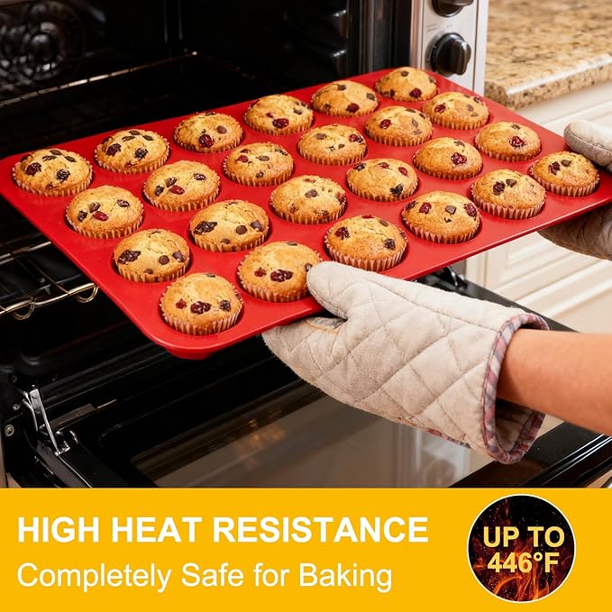 Laexepelle 24 Cups Silicone Muffin Pan Mini Cupcake Pan Nonstick Silicone Molds Great for Making Muffin Cakes, Bread, Cookie, Tart - BPA Free Muffin Liners Baking Accessory