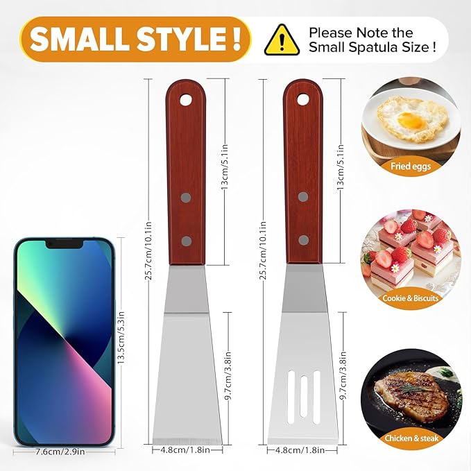 PETHOMKIT Small Metal Spatula Set with Thin Beveled Edge, Wood Handle,2 Pcs