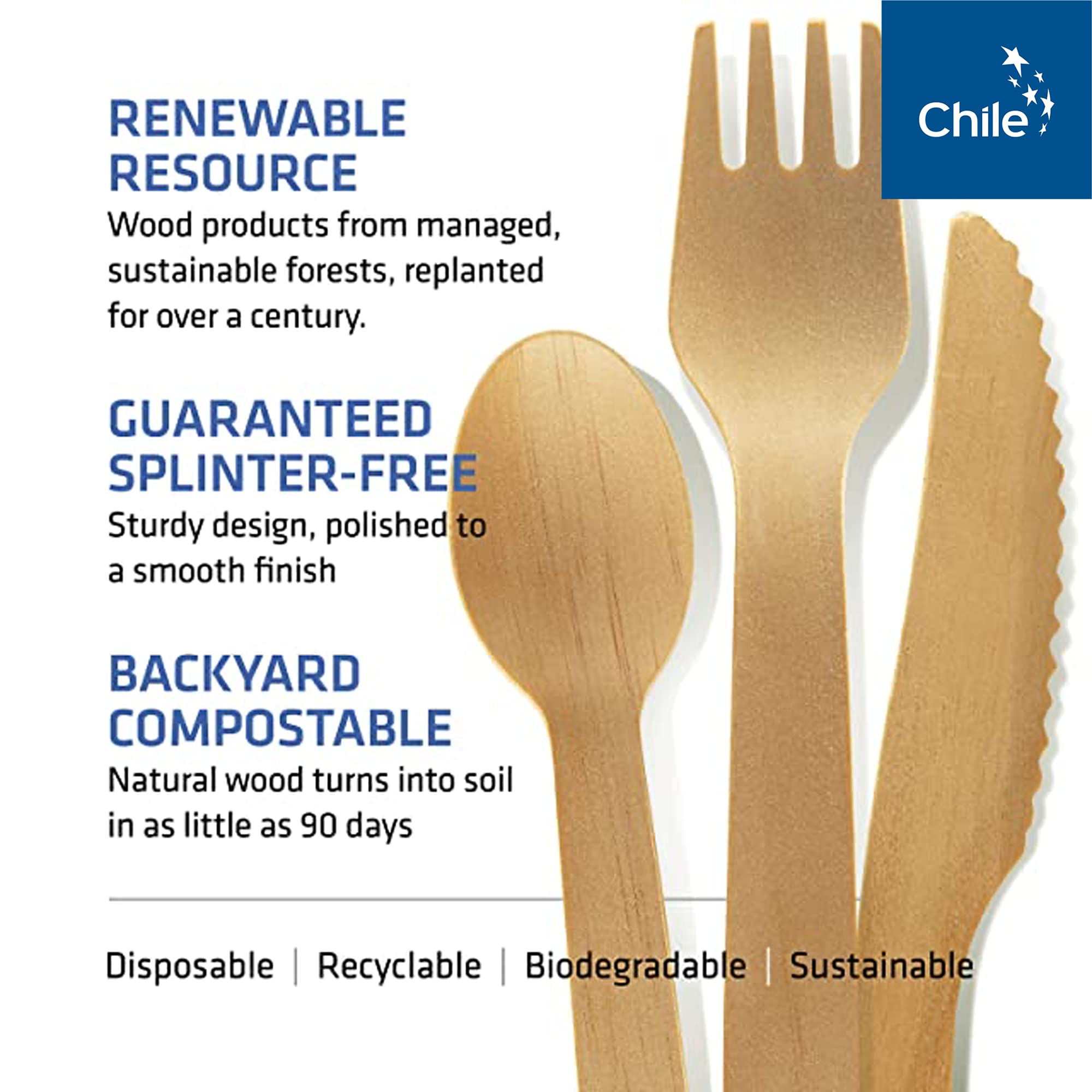WOODABLE Disposable & Backyard Compostable Wrapped Wooden Cutlery Set, Eco-Friendly, Sustainable, Organic, Biodegradable, Vegan-Friendly, 50 packs with knife, fork, spoon and napkin, 150 Utensils.