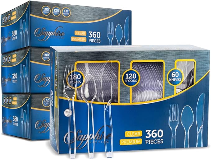 PARTY BARGAINS Disposable Cutlery Set 1440-Piece – Sapphire Settings Clear Plastic Forks Spoons Knives – Heavy-Duty Utensils for Parties Catering Weddings & Events – BPA Free
