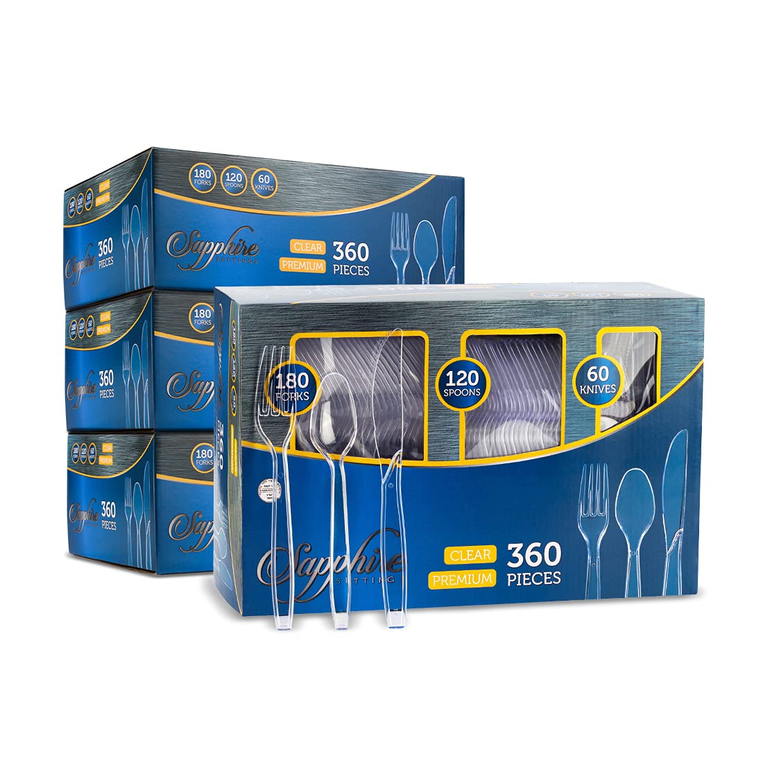 PARTY BARGAINS Disposable Cutlery Set 1440-Piece – Sapphire Settings Clear Plastic Forks Spoons Knives – Heavy-Duty Utensils for Parties Catering Weddings & Events – BPA Free