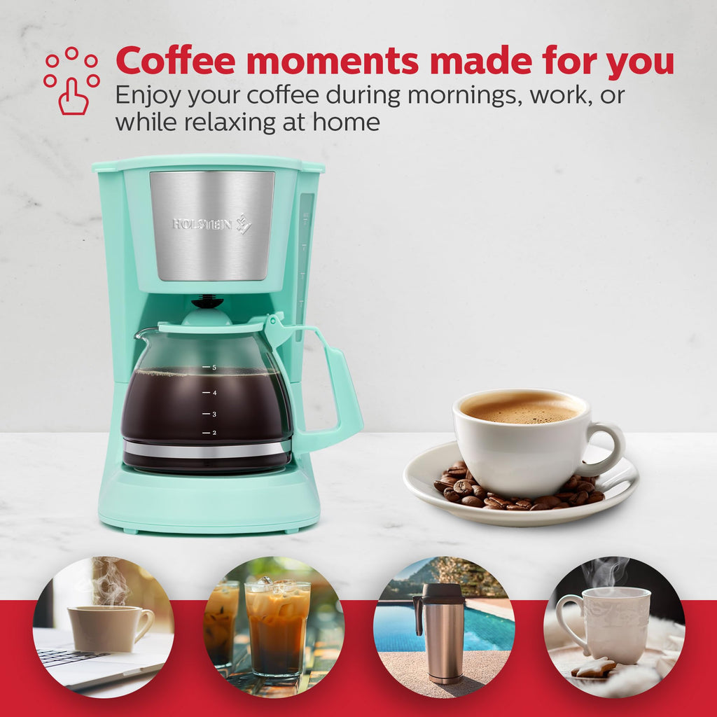Holstein Housewares 5 Cup Drip Coffee Maker – Compact and User-Friendly with Auto Pause & Serve, Reusable Filter, Measuring Spoon & Glass Carafe, Office & Dorm Use, Mint