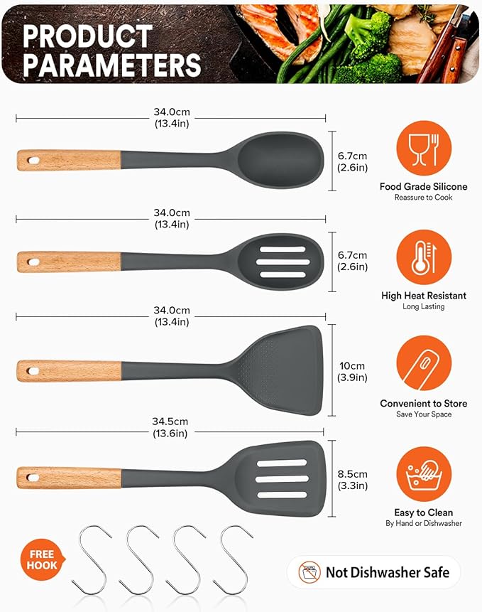 Badiano Silicone Cooking Utensils Set, Safe for Nonstick Cookwares, Grey