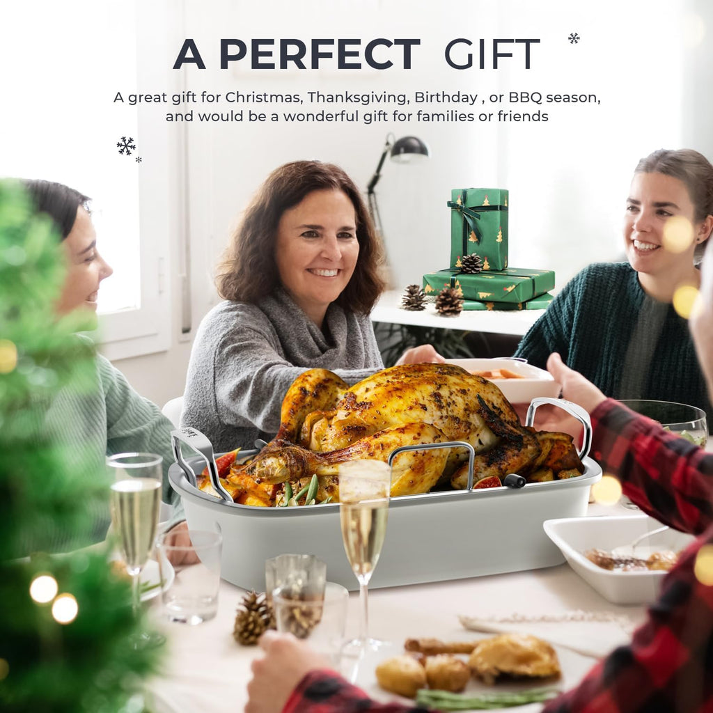 Turkey Roasting Pan, 17x13 Inch Nonstick Turkey Roaster Pan, Cream&Silver