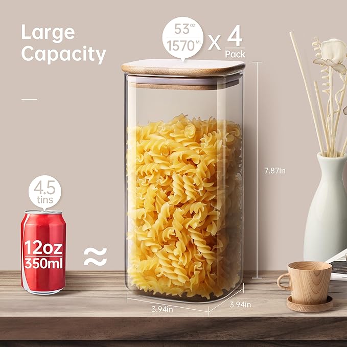 53 oz Square Glass Food Storage Containers with Airtight Bamboo Lids, 4Pack