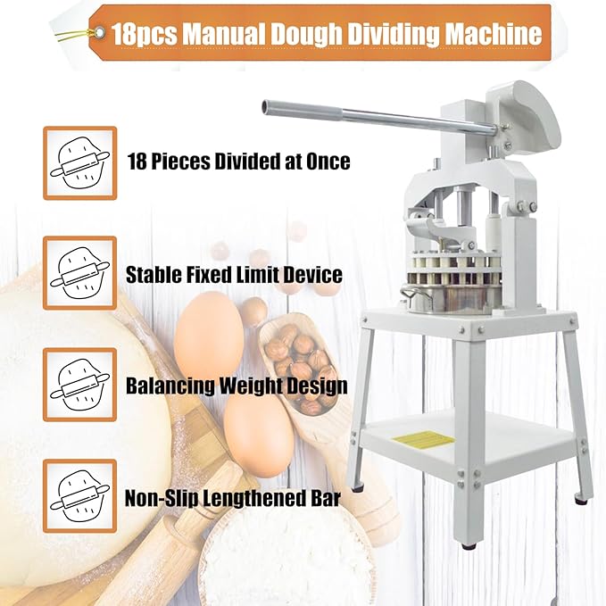 Yokoma Commercial 18PCS Dough Divider Vertical Manual 18PCS Dough Divider Manual Doughs Dividing Cutting Machine with 2 Stainless Steel Basins for Commercial Baking, 2.2-11.29oz(60-320g) Weight Range
